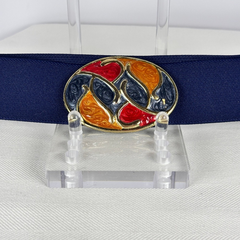 Vintage 1980s‎ Colorful Enamel Gold Tone Navy Blue Elastic Belt Statement Buckle